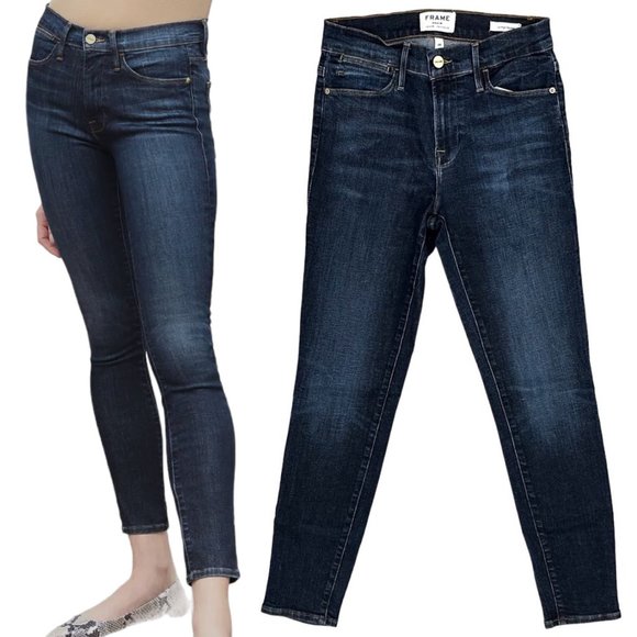 Frame Le High Mid-Rise Skinny Jeans in Harvard Dark Wash Denim Women's Size 26 - Picture 1 of 11